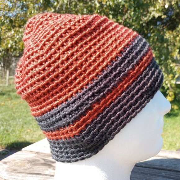 Men's Beanie Hat Handmade Rust Orange Gray Crochet Boating Hiking Outdoors Sz M - Picture 4 of 9